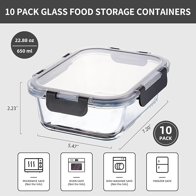 10 Pack 22 oz Glass Meal Prep Containers, Glass Food Storage Containers with Lids, Reusable Airtight Leakproof Lunch Bento Boxes Freezer, Microwave Oven and Dishwasher, Gray