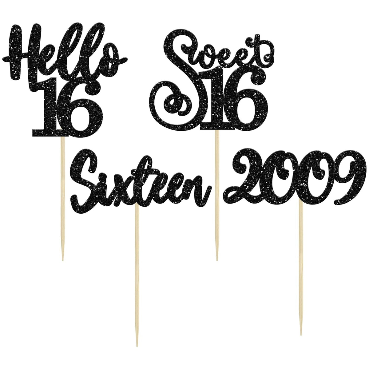 Gyufise 24Pcs Happy 16th Birthday Cupcake Toppers Glitter Hello 16 Sweet 16 Cupcake Picks 2009 Sixteen Old Birthday Cake Decorations for 16th Birthday Anniversary Party Supplies Black