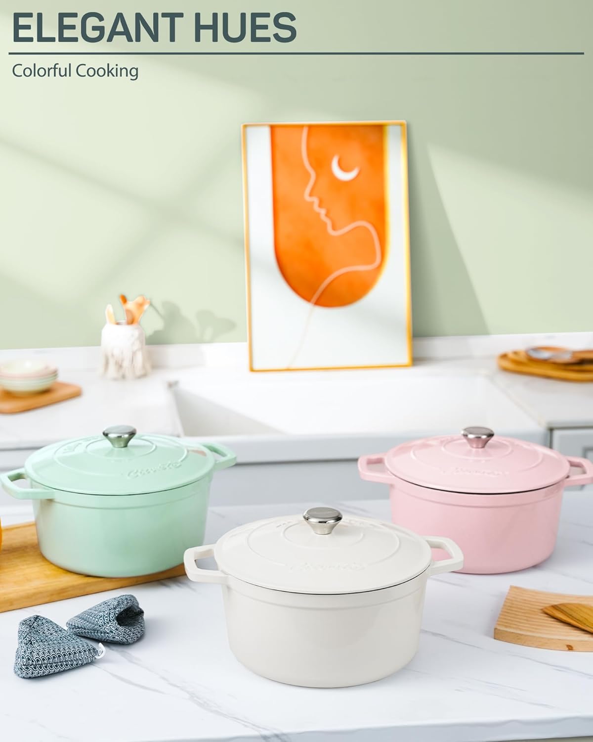 6 QT Dutch Oven Pot with Lid, Enameled Cast Iron Dutch Oven for Bread Making, Braiser, Cooking, Dual Handles, Oven Safe up to 500° F or on Stovetop, Gifts for Family - Mint Green