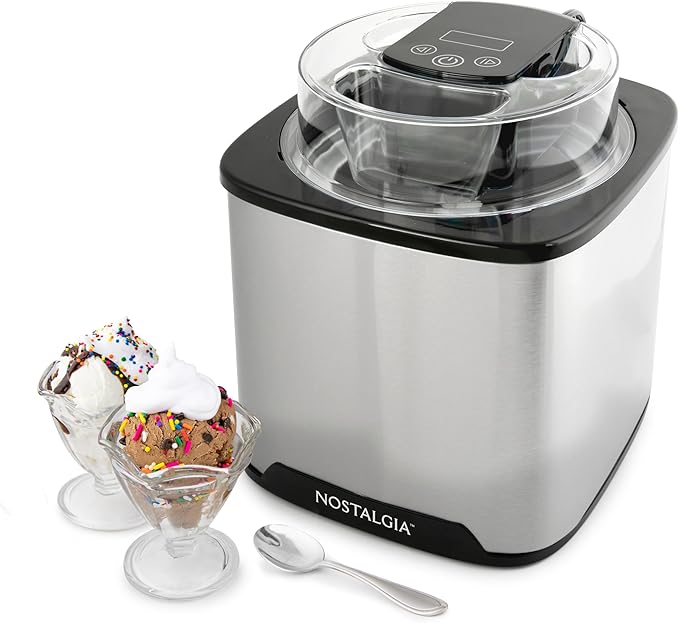 Nostalgia 2-Quart Electric Ice Cream Maker – Make Homemade Ice Cream, Gelato, Sorbet & Frozen Yogurt – No Salt/Ice Needed, Digital Controls, Mix-In Chute & Freezing Gel Canister – Stainless Steel