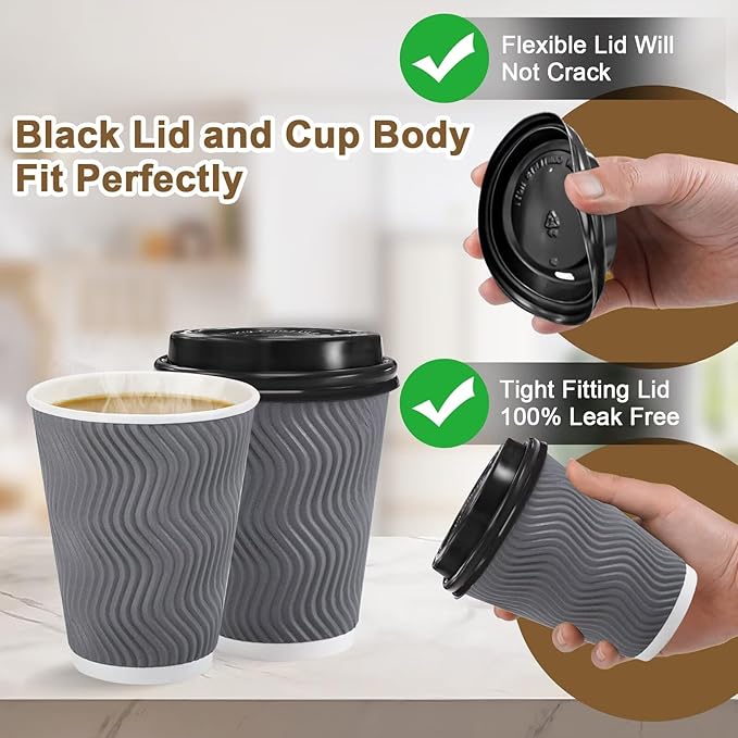 500 Pack Coffee Cups with Lids 12oz, Disposable Insulated Ripple Wall To Go Paper Coffee Cups for Hot/Cold Drinks Office Home Shop Event (Grey)