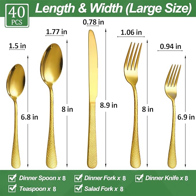 40 Pcs Gold Silverware Set for 8 with Hammered Design, Food Grade Stainless Steel Flatware Set, Eating Utensils Sets Include Fork/Knife/Spoon, Cutlery Set, Dishwasher Safe
