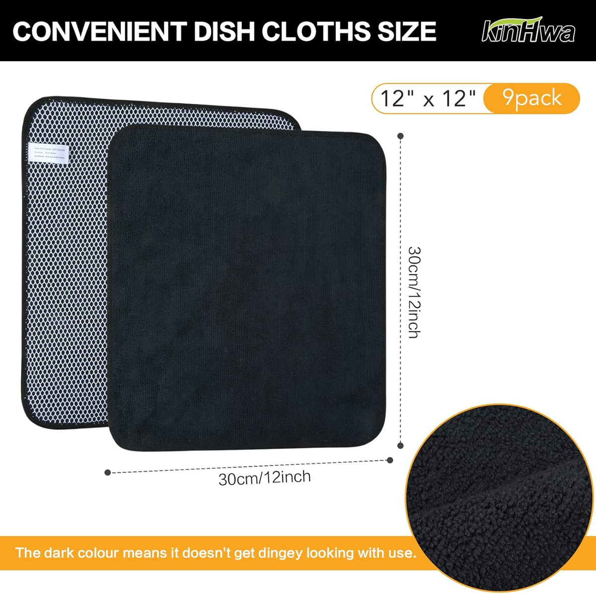 KinHwa Kitchen Washcloths for Dishes Absorbent Microfiber Dish Cloths Quick Dry Dish Rags with Poly Scour Scrub Side Ideal for Kitchen Cleaning (Black, 12inchx12inch 9 Pack)