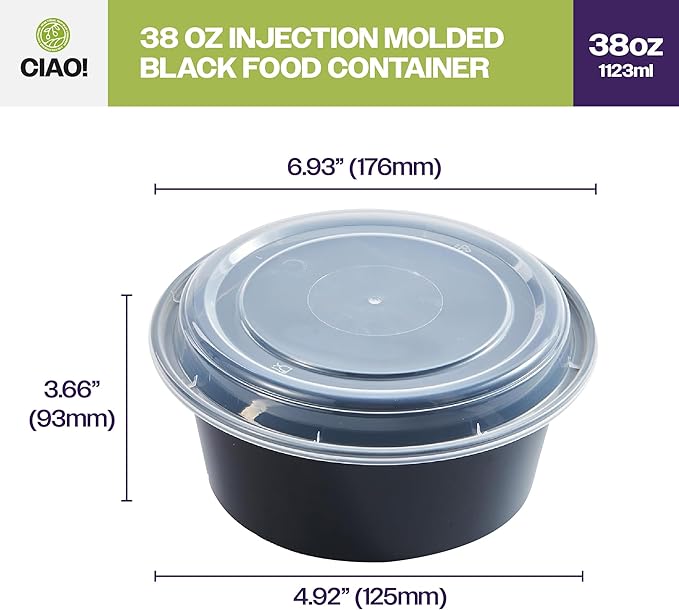 CIAO! Heavy Weight 38oz Injection Molded Microwavable Black Round Food Container with Lid (150/case)