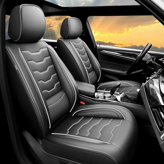 Fit Frontier Car Seat Covers Premium Leather for Nissan Frontier 2009-2025 2026. Waterproof， Breathable, Scratch-Resistant & All-Weather Seat Cushion Protector（Full Set,White Line Black