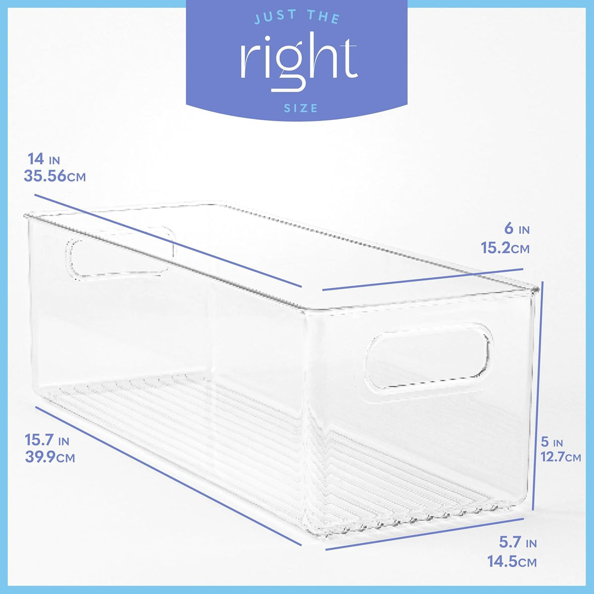 Plastic Food Storage 4 Pack Clear Container Bin with Handles for Organizing Kitchen, Pantry, Fridge, Freezer, Pantry, Bathroom. 14"x6"5"