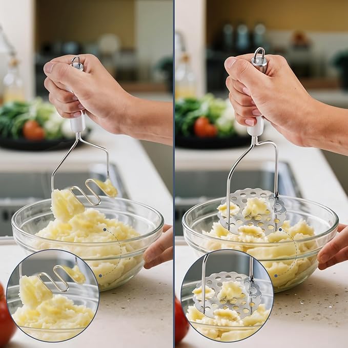 2PCS Mashed Potato Masher - Stainless Steel Potato Smasher, Masher Kitchen Tools & Utensils for Avocado, Bean, Salad, Vegetables, Fruit, Food, Meat Smasher Tool for Ground Beef