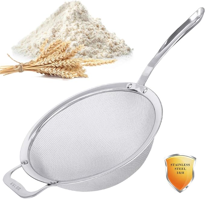 9" Large Mesh Strainer, Stainless Steel 18/8 Extra Fine Quinoa Sieve, with Solid Sturdy Handle, Flour Filter with Wider Hook