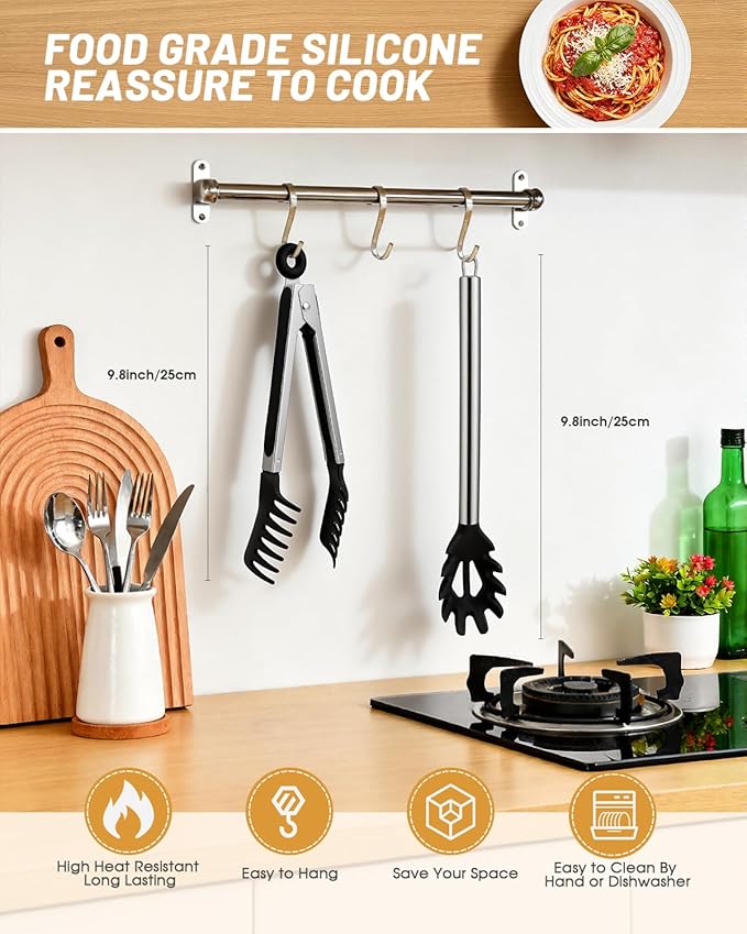 Spaghetti Spoon and Pasta Tong with Grip Teeth and Drain Holes, 2-Piece Non-Stick Silicone Head with Stainless Steel Handle, Heat Resistant Food Grade Utensils for Cooking, Serving, Salad and Noodles