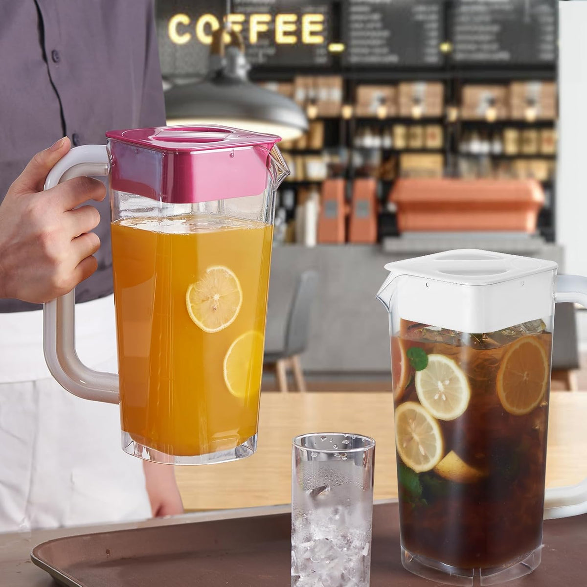 CURTA Plastic Pitcher with Lid, 2L Heavy-Duty Shatterproof Clear Water Pitcher with Handle for Lemonade, Coffee, Milk, Juice,cafeteria, 2 Pack