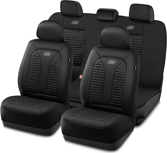Skechers Memory Foam™ Car Seat Cover Full Sets, Hexcomb Breathable Thick Seat Covers, Airbag Compatible, Automotive Comfort & Protection for Most Cars,Van,Trucks, SUVs (Black,Full Set)
