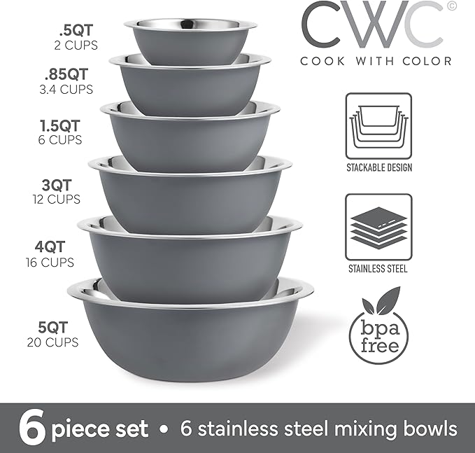 COOK WITH COLOR Stainless Steel Mixing Bowls Set - Nesting Bowls, 6 Pieces, Grey