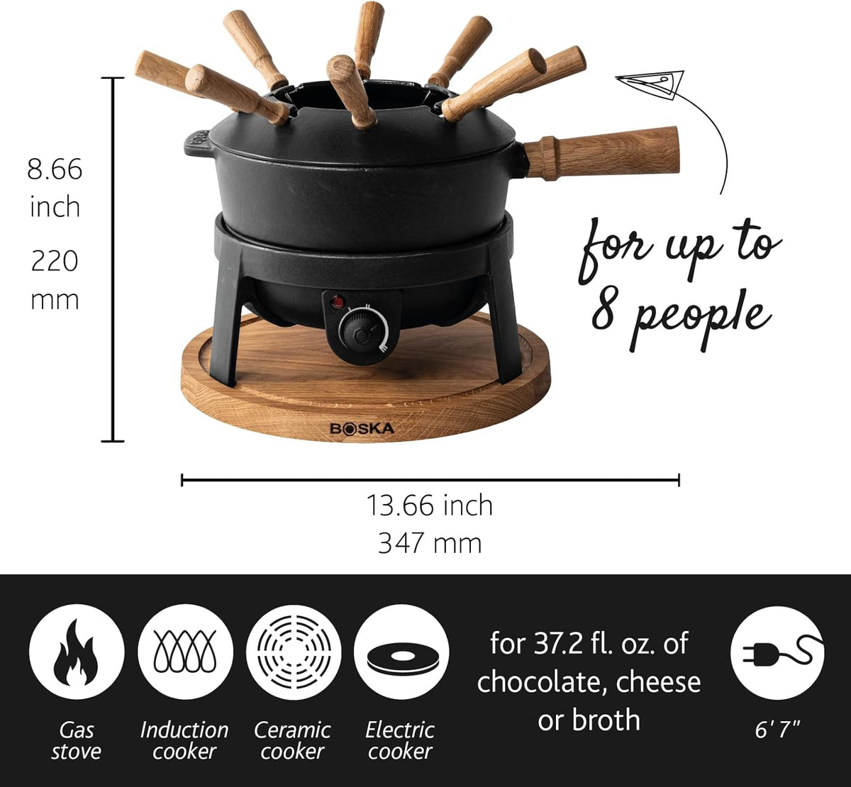 BOSKA Electric Fondue Set Pro/For Cheese, Chocolate and Broth Fondue / 8 people/Robust Cast-Iron/High Quality Materials/Splash Guard Included/Extra-long Cord/Black