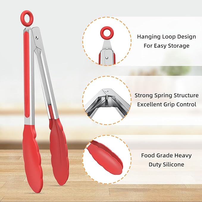 NileHome Tongs for Cooking, Professional Stainless Steel Cooking Tongs – Heat-Resistant for Grilling, BBQ, Serving Salad, Pasta, and Kitchen Use, Dishwasher Safe, Set of 7" 9" 12", Red