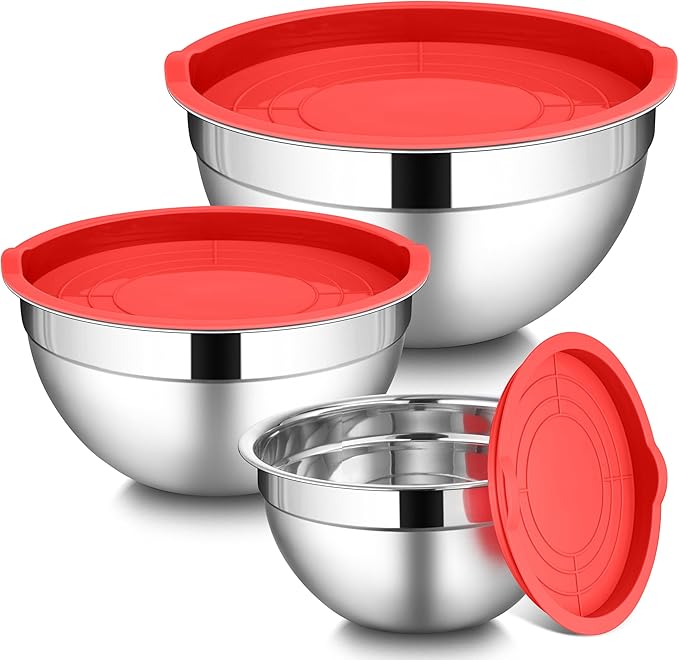 LIANYU Stainless Steel Mixing Bowls with Leak-Proof Lids, 3 Pieces Stainless Steel Deep Nesting Mixing Bowls for Kitchen Cooking, Storage, Baking, 1.5QT & 3QT & 4.6QT, Red
