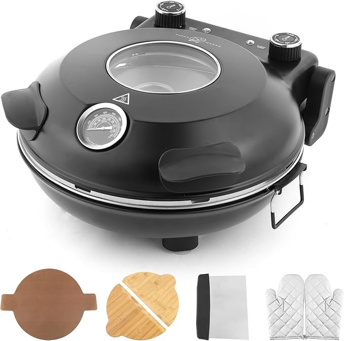 KLAIF 12" Electric Countertop Pizza Oven Indoor With Ceramic Stone, Dual Adjustable Temperature Controls, Includes 4 Pizza Tools, LMR-Black