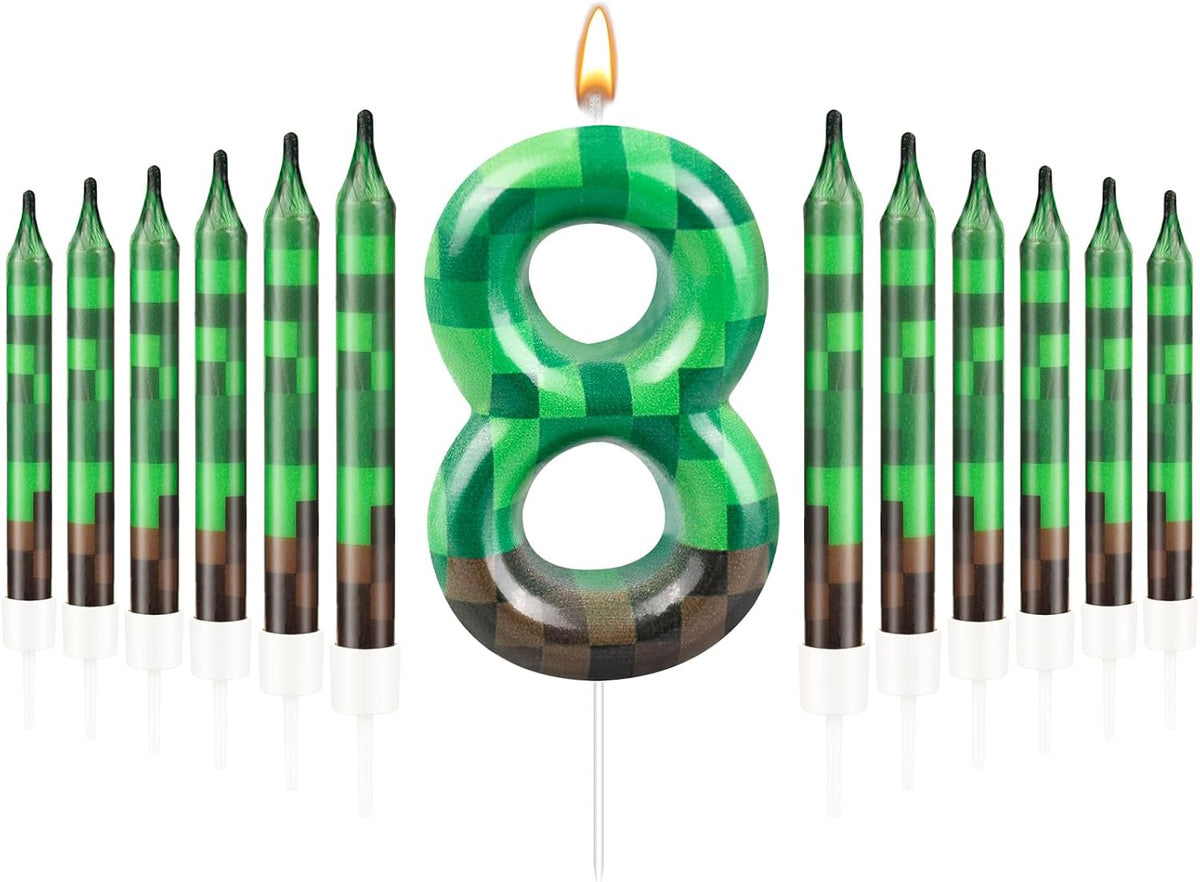 13 Pcs Dynamite Candles 12 TNT Themed Birthday Cake Candles and Number 8 Candle Cake Topper for Pixel Theme Birthday Party Anniversary Party Dynamite Theme Party Video Game Party Supplies (Number 8)