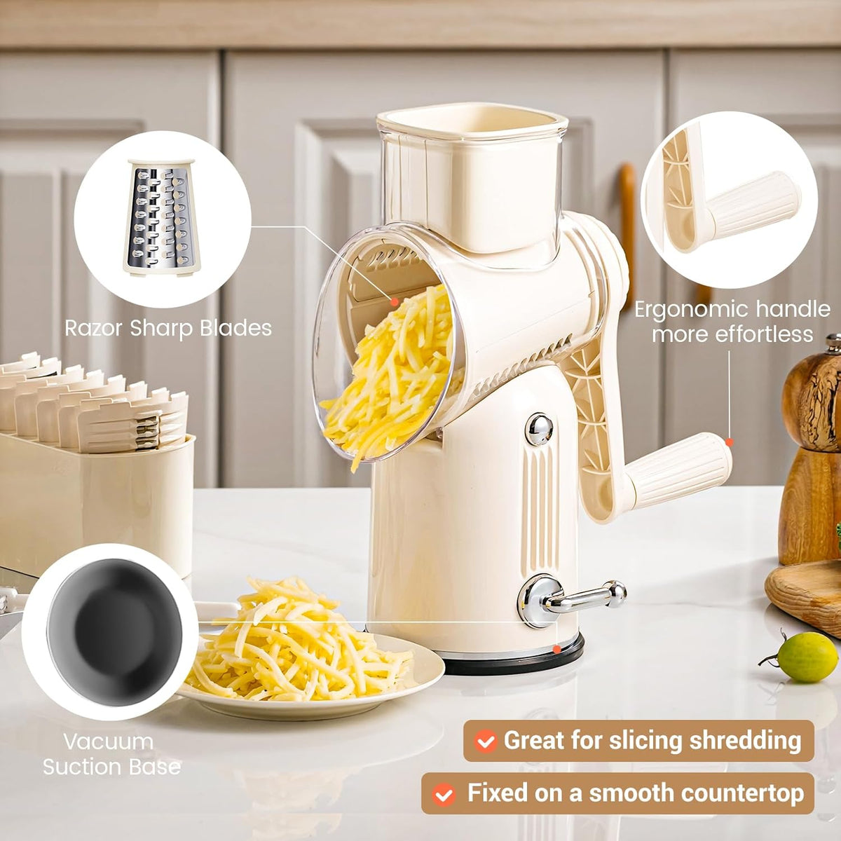 Rotary Cheese Grater Hand Crank,Emojoy 5-in1 Cheese Shredder Vegetable Chopper with Strong Suction Base, Rotary Cheese Graters for kitchen with Blade Storage Box, Included Cheese Slicer and Peeler