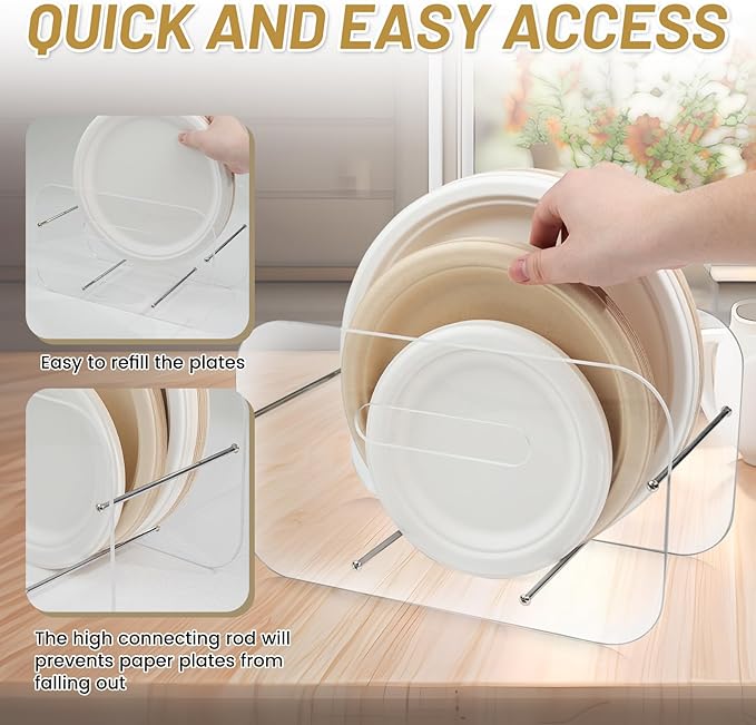 Paper Plate Dispenser, 7-12 Inch Disposable Plates Storage Organizer, Round Square Plastic Foam Paper Plate Acrylic Organizer for Cabinet, Countertop, RV or Outdoor Use (1)