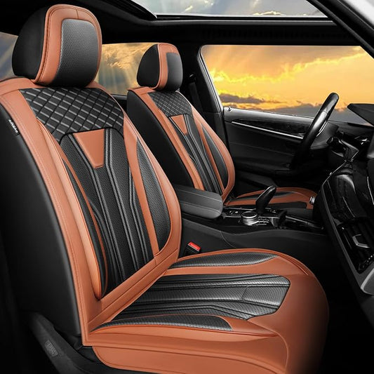 Fit Frontier Car Seat Covers Premium Leather for Nissan Frontier 2009-2025 2026. Waterproof， Breathable, Scratch-Resistant & All-Weather Seat Cushion Protector（Full Set,Brown&Black