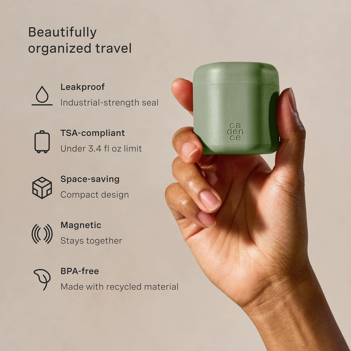 Cadence Travel Containers - Core Skincare Set - Magnetic Containers with Lids,2 Small (0.56oz) & 3 Medium (1.32oz) - Cleanser, Moisturizer, Serum, Makeup Remover & Sun Icon Labels - Evergreen