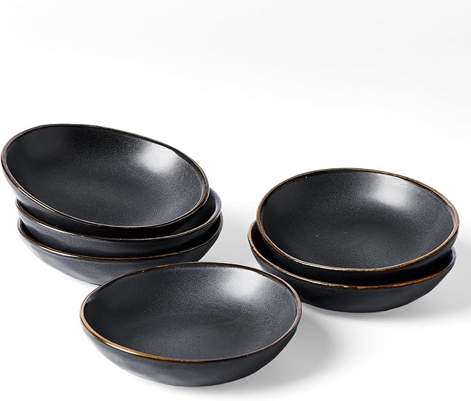 famiware Ocean Soy Sauce Dishes of 6, Oval Dipping Sauce Cups/Bowls for Kitchen, 2.1oz Ceramic Small Bowls for Side Dish, Appetizers, Snacks, and Sushi, Reactive Glaze, Dishwasher Safe, Matte Black