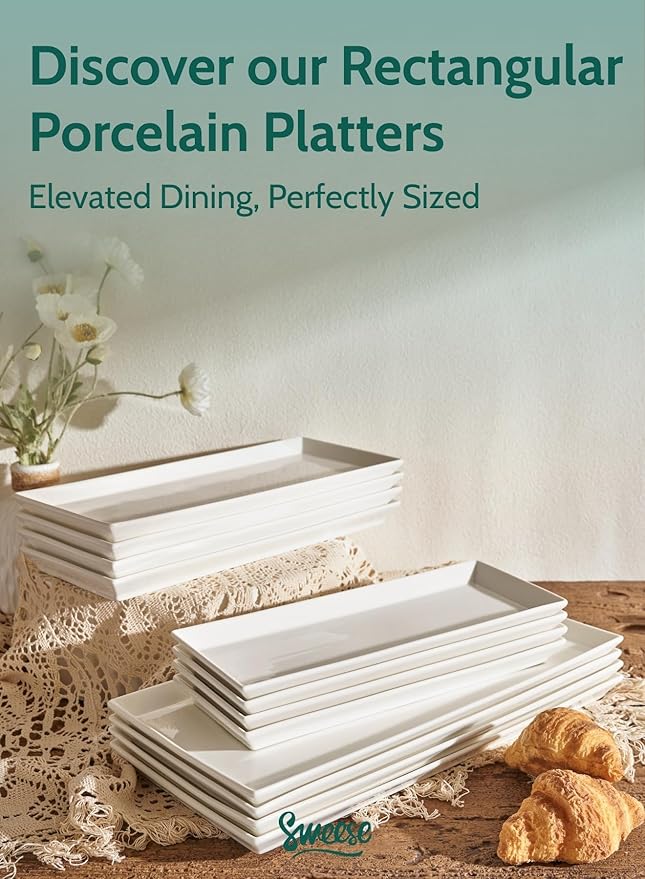 Sweese Porcelain Serving Platters 11.7 Inch - Elegant White Rectangular Plates, Set of 4 for Parties, Sushi, Appetizers