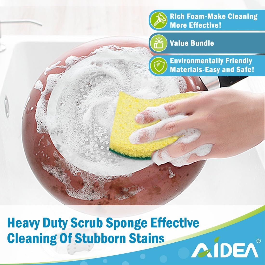 AIDEA Heavy-Duty Scrub Sponges, 24Count, Sponge for Non-Coated Cookware, Kitchen Sponges for Dishes, Scrubbing Power for Tough Messes, Cleaning Sponge for Kitchen, Bathroom, Household