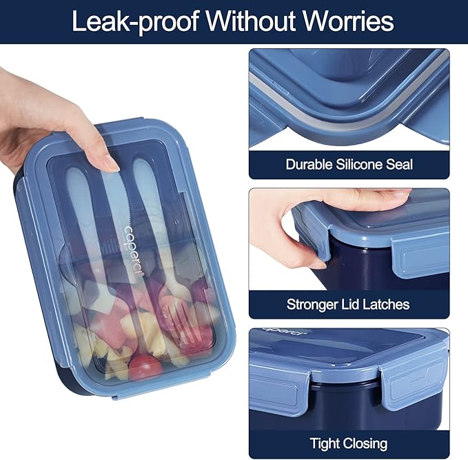 Caperci Classic Bento Box Adult Lunch Box for Older Kids - Leakpoof 47 oz 3-Compartment Containers for Adults and Teens, Built-in Utensil Set, Ideal for On-the-Go Balanced Eating, Navy Blue