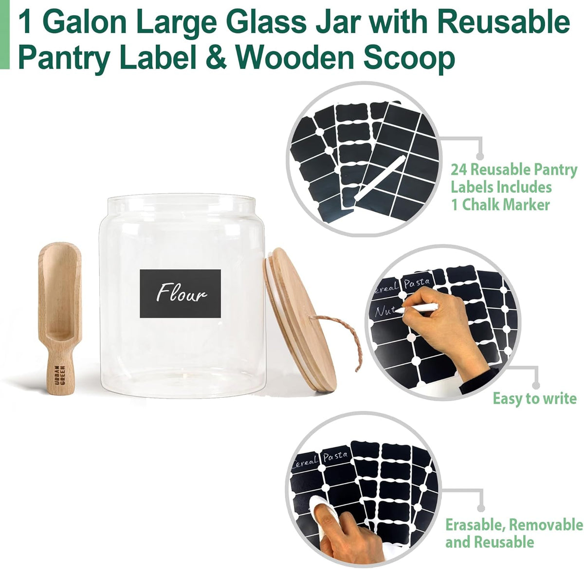 Urban Green Glass Jars with Airtight Lids, Airtight Glass Canisters with Locking Lids, (Bamboo-1Gal)