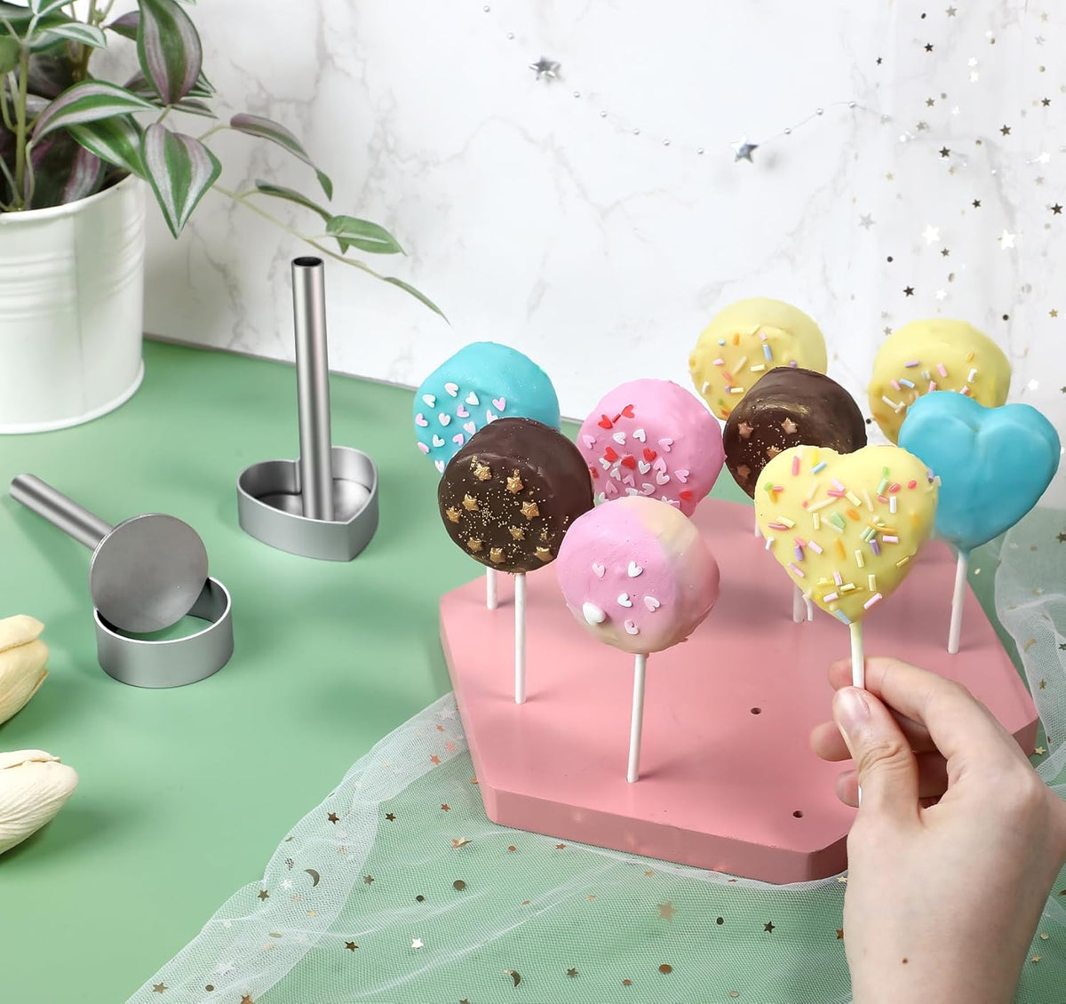 Webake Circle and Heart Cake Pop Cutter and Pusher, 304 Stainless Steel Cake Pop Molds, Easy Use, Non Toxic, Set of 4