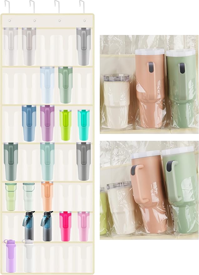 NiHome 35 Pockets Door Hanging Organizer for Large Stanley 30oz 40oz Tumblers with Handles, Deep Clear Pockets with Handle Slots, Waterproof Oxford Fabric for Kitchen, Cabinet, Pantry, Closet (Beige)