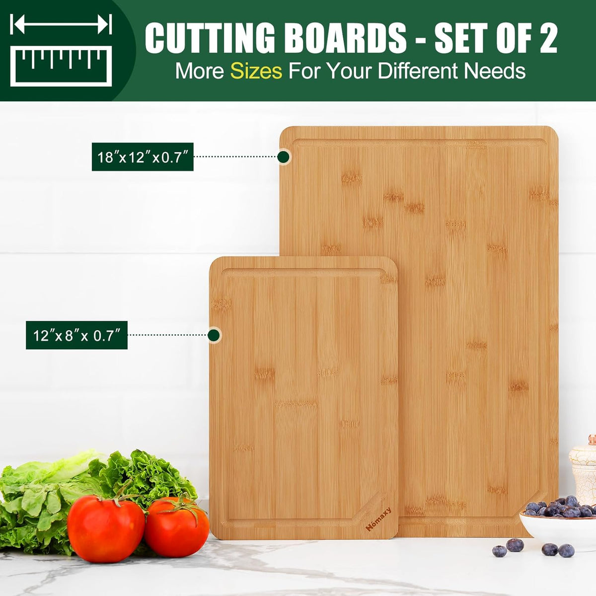 Homaxy Organic Bamboo Cutting Boards Set for Kitchen Set of 2, Wooden Cutting Board Set with Juice Groove and Handles, Charcuterie Serving Tray Wood Chopping Board Set for Meat Fruits & Vegetables