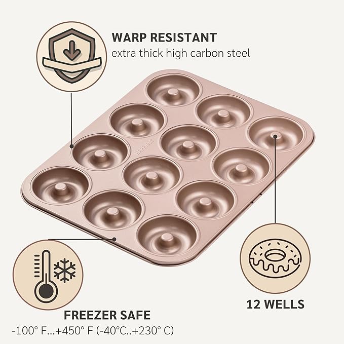 HAPPIELS 12 Well Donut Pan Nonstick, Non Toxic PFOA & BPA Free Donuts Mold for Baking, Doughnut Tin for Oven, Doughnuts Pans and Molds Non Stick Nontoxic, Baking Tray Pans & Trays without Teflon