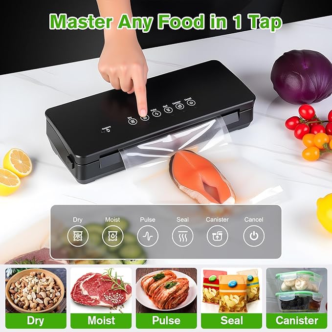 120W Power Vacuum Sealer for Food, Food Sealer Machine with 5 Molds include Dry, Moist, Pulse, Seal, Canister, Accessory, Built in Cutter & Vacuum Bags Storage, with 1 Bag Rolls