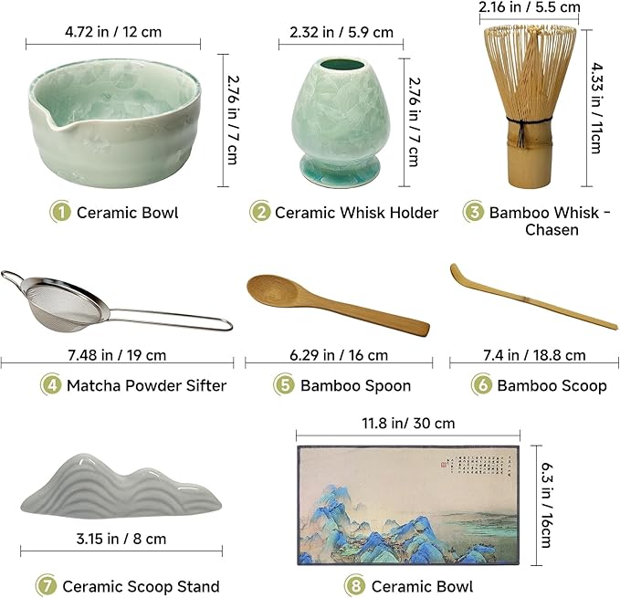 Matcha Whisk Set with Ceramic Bowl - Bamboo Whisk (Chasen), Scoop, Sifter & Holder - Complete Kit for Traditional Matcha Tea - Unique Gifts for Women, Men, Tea Lovers (Matcha Crystal)