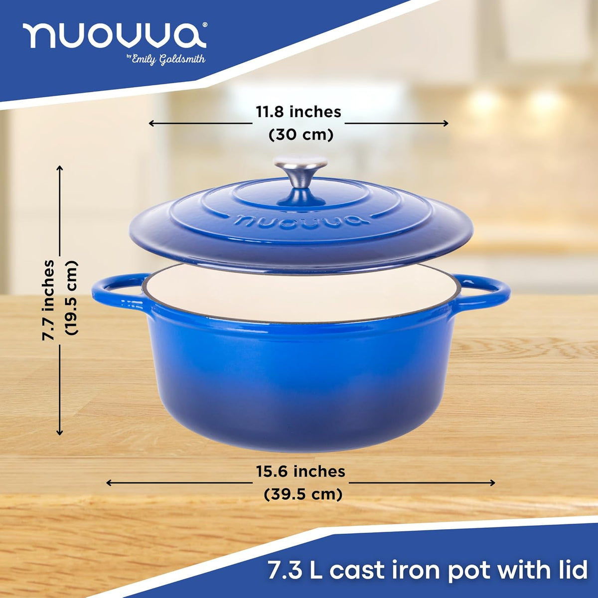 Cast Iron Dutch Oven with Lid – Non-Stick Ovenproof Enamelled Casserole Pot – Sturdy Dutch Oven Cookware – Dark Blue, 7.3-Quart, 30cm – by Nuovva