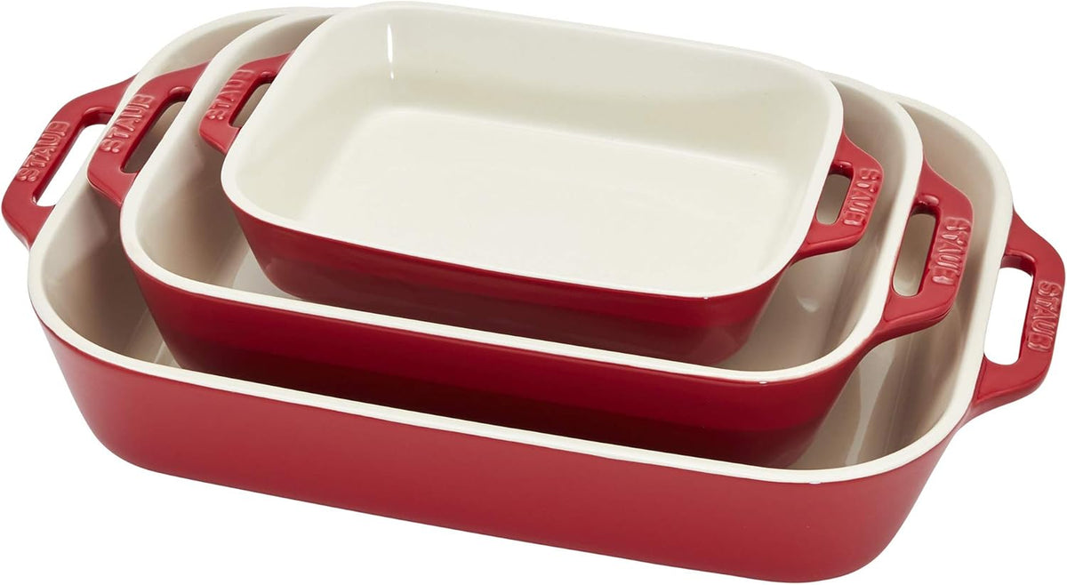 STAUB Cast Iron Set 4-pc, Stackable Space-Saving Cookware Set, Dutch Oven, Skillet, Grill Pan & Ceramic Baking Dish Set, 3pc, Cherry