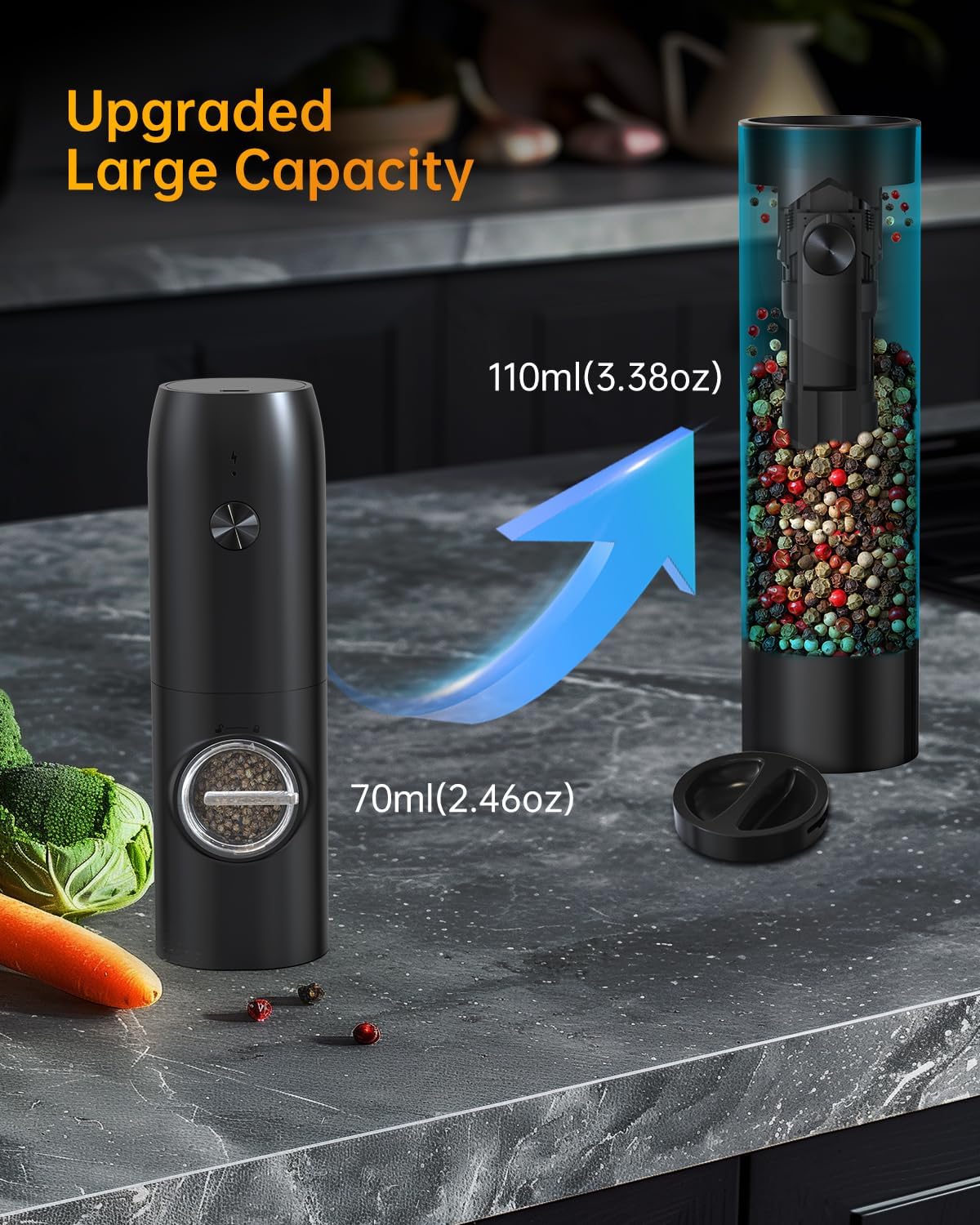 CIRCLE JOY Electric Pepper Mill Top-Refill Battery Operated Black Pepper Grinder with Upgraded Large Capacity, Adjustable Coarseness, Led Light