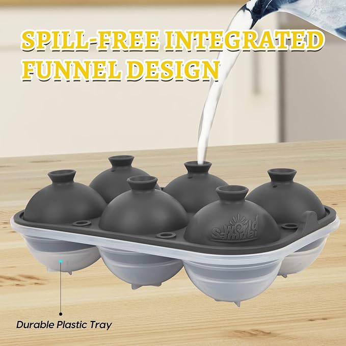 Samuelworld Premium Ice Tray Combo, Large Ice Sphere Maker & Giant Ice Cube Trays, 2 Packs, Food Grade, Durable Flexible Easy To Use, Spill-Free Integrated Funnels, Whiskey Bourbon Cocktails(Gray)