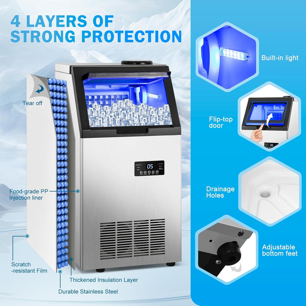 Commercial Ice Maker Machine 155Lbs/24H, 15" Wide Under Counter/Freestanding Ice Machine, 45 Ice Cubes in 4-15 Mins, 35Lbs Ice Storage, 2 Water Supply Modes, Built-in Ice Maker for Home, Bar, Outdoor