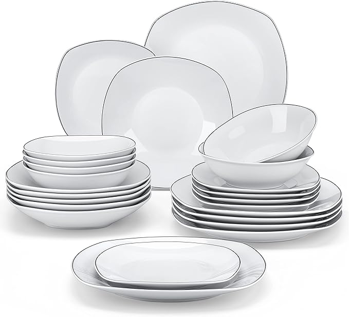 MALACASA Dinnerware Sets, 24 Piece Porcelain Square Dishes, White with Black Rim Plates and Bowls Sets, Ceramic Dish Set for 6, Chip Resistant Dishware Sets, Series ELISA