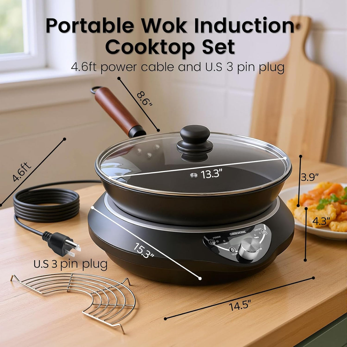 Induction Wok Cooktop, Induction Burner & Carbon Steel Wok with Lid, Rack, 16 Levels Power & Temprature Control, 18 Hours Timer, Auto-off Electric Wok 1700W (Black 110V~120V)