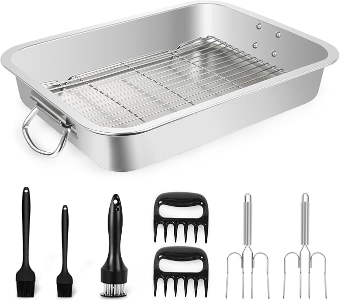 Stainless Steel Turkey Roasting Pan,Heavy Duty Nonstick Surface Roaster Pan Christmas Rectangular Lasagna Cake Baking Pans with Rack,Meat Claws, Turkey Fork,Silicone Brush,Tender Meat Needle