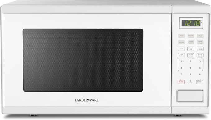 Farberware 1.1 Cu. Ft. Countertop Microwave Oven – 1000 Watts Power, Auto Cook Settings, Defrost, Easy Clean and Child Safety Lock - White