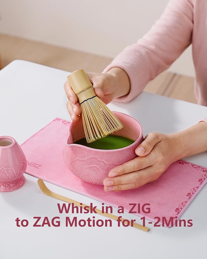 ZENS Matcha Whisk Set, 6pcs Matcha Set Pink Includes 15oz Ceramic Bowl and Bamboo Whisk (Chasen Holder) Scoop, 304 Sifter & Pink Tea Mat, Japanesse Matcha Kit for Matcha Latte-Making