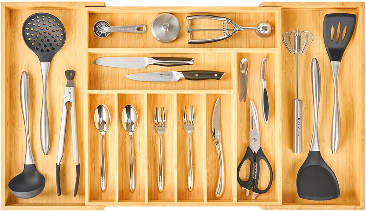 Umilife Extra Large Expandable Kitchen Siverware Utensils Drawer Organizer, 19" Deep for Big Drawer, Adjustable Bamboo Wood Drawer Divider with Curved Grooves, Cutlery Tray Flatware Holder