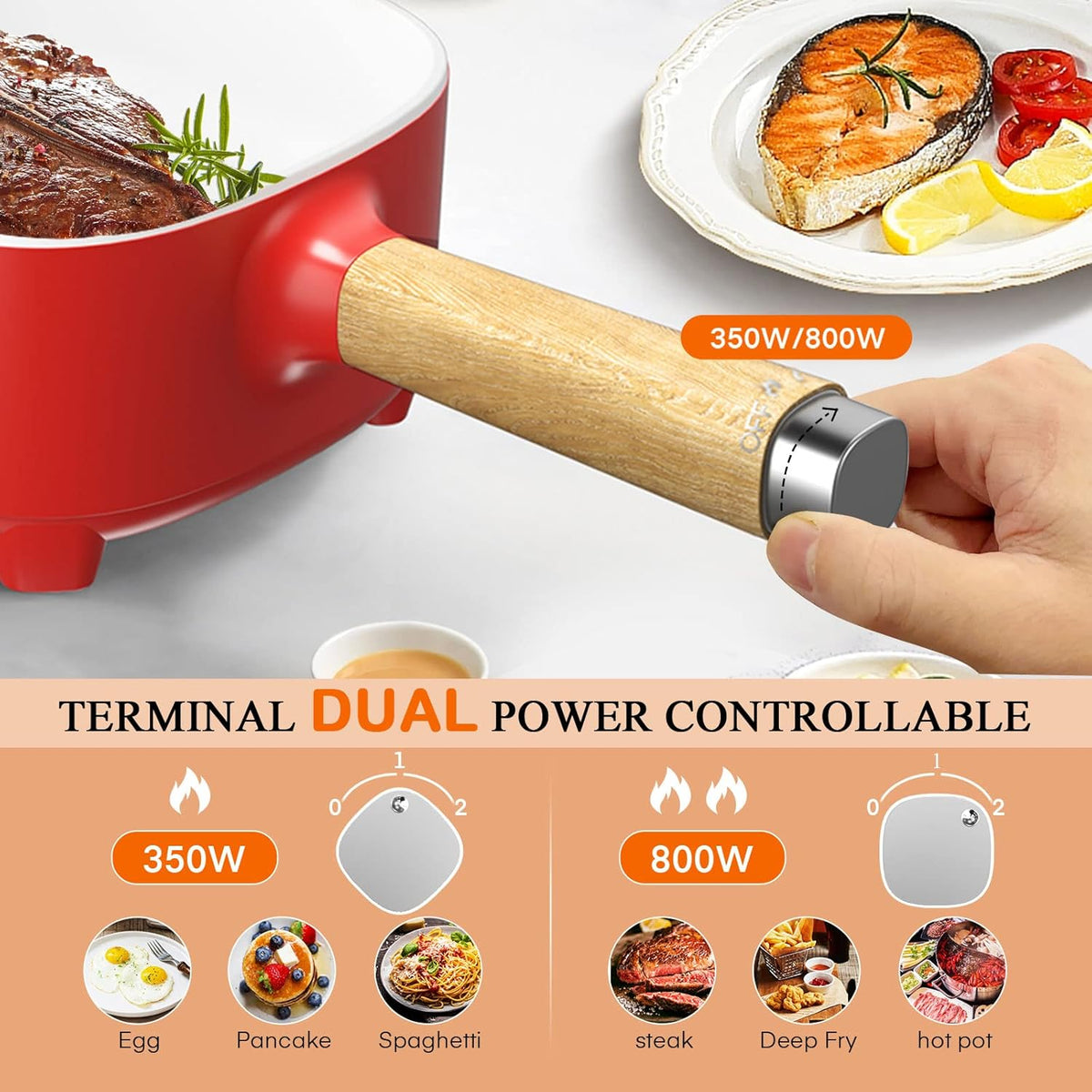 Audecook Hot Pot Electric 2L, Cermic Glaze Non-Stick Frying Pan 8 Inch, Portable Travel Cooker for Ramen/Steak/Fried Rice/Oatmeal/Soup, with Dual Power Control (Silicone Spatula Included)
