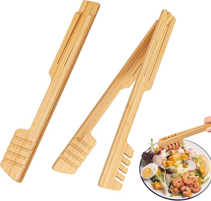 2-Pack Bamboo Kitchen Tongs for Cooking – 8.7-Inch Wooden Food Tongs with Wide Grooved Tips, Flip Design for Nonstick Cookware, Salad, BBQ, and Grilling