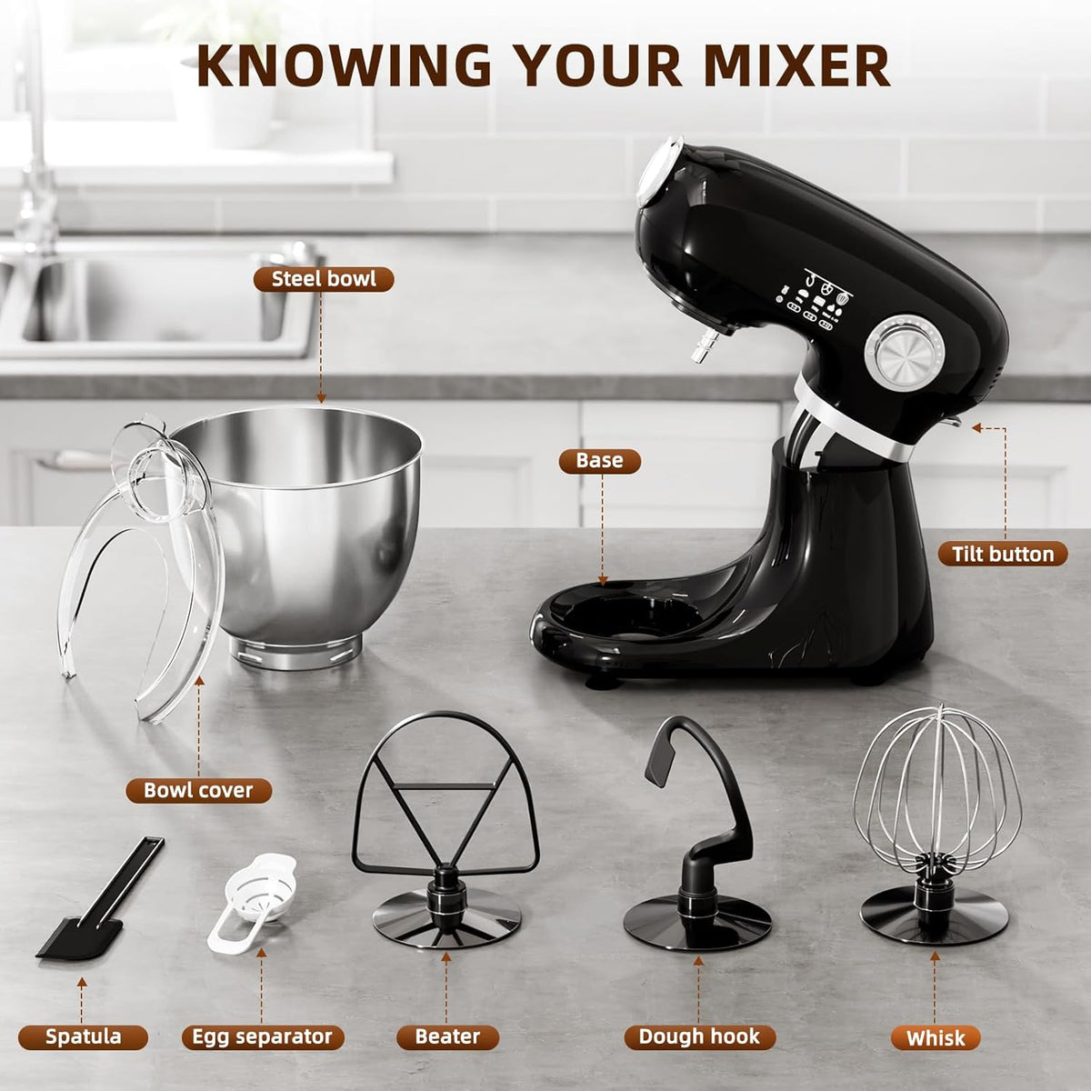 Cowsar Stand Mixer, 12 Speeds Tilt-Head Electric Commercial Stand Mixer, 3-In-1 Kitchen Mixer with Bowl, Dough Hook, Whisk and Beater, Black